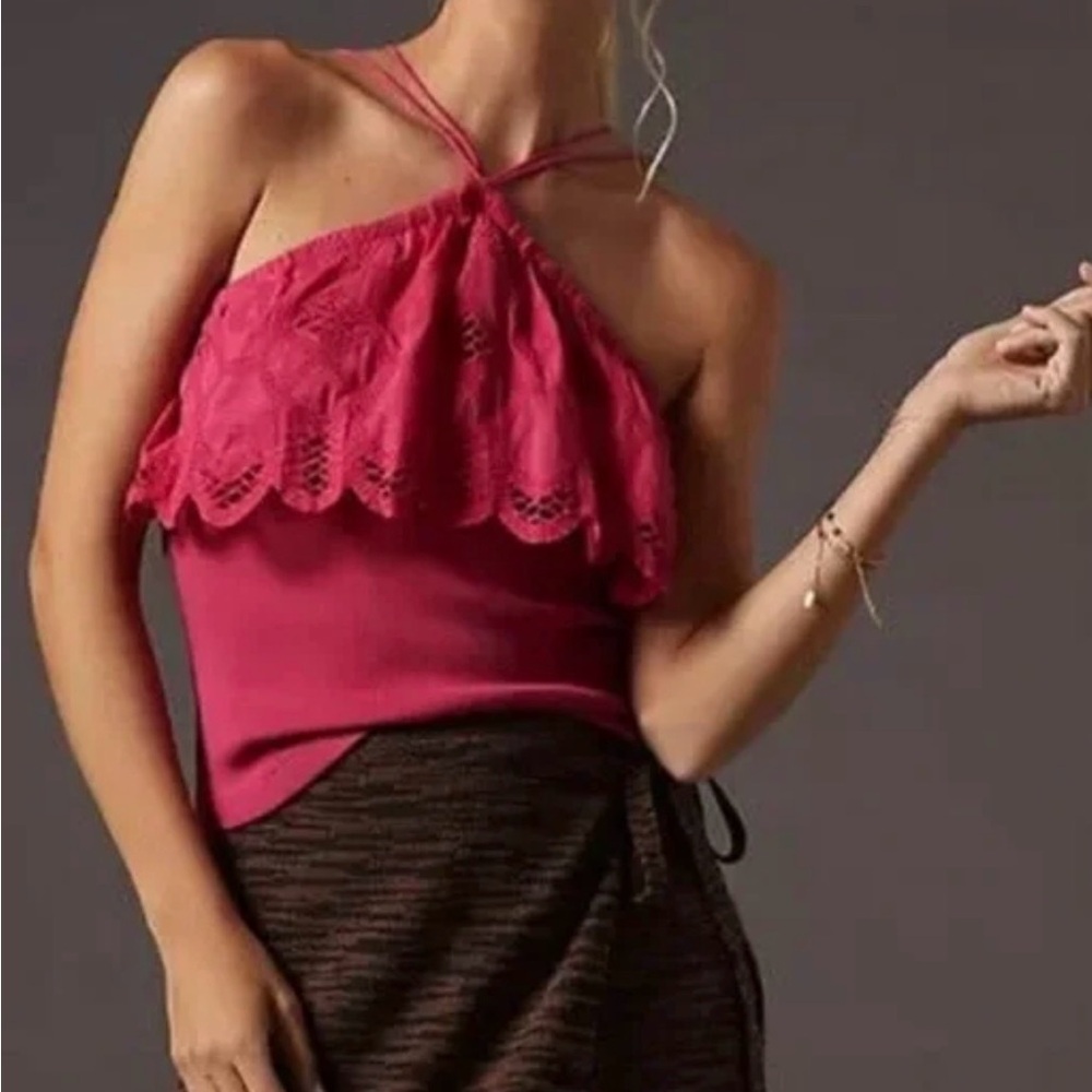 Anthropologie Eyelet Ruffled Halter Tank in Raspberry Small